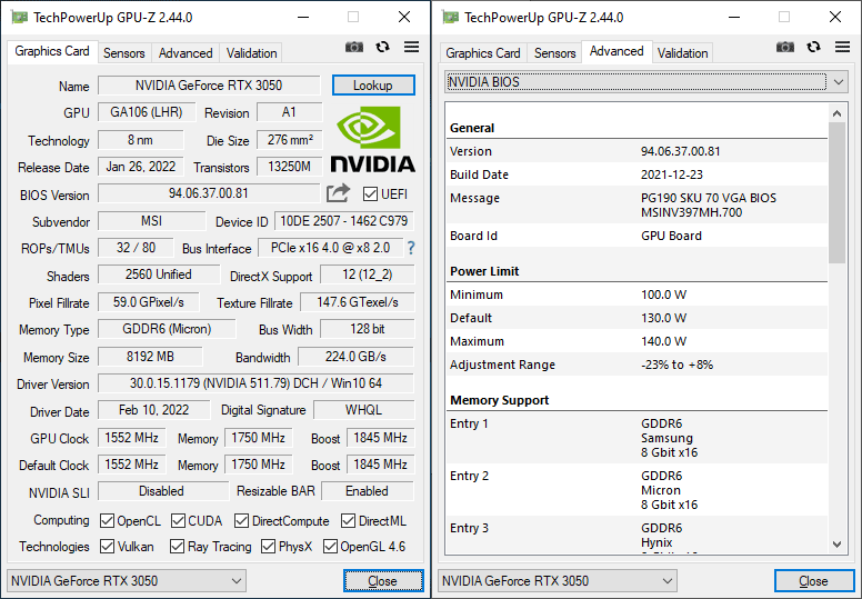 MSI RTX 3050 Gaming X 8G GPUZ