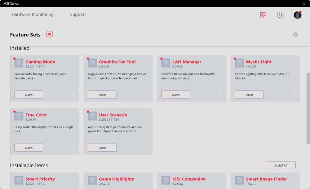 MSI Center; Feature Sets