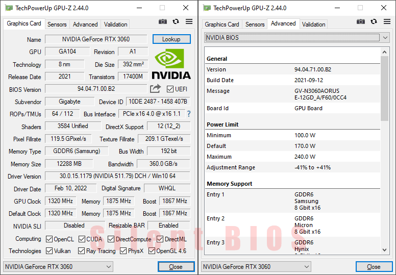 Gigabyte AORUS RTX 3060 ELITE 12G GPUZ; Silent mode