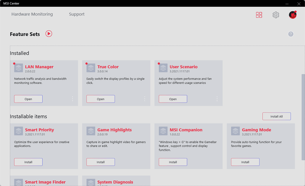 MSI Center; Feature Sets