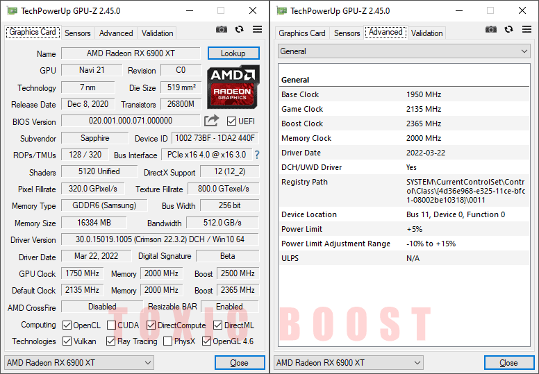 Sapphire TOXIC RX 6900 XT Air Cooled; Silent mode