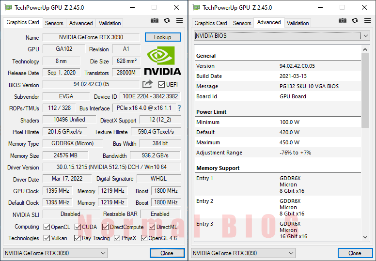 EVGA RTX 3090 FTW3 ULTRA Gaming GPUZ; Normal BIOS