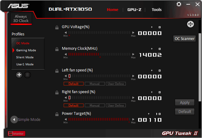Pro zvětšení klikni Asus DUAL RTX 3050 O8G; GPU Tweak advanced mode