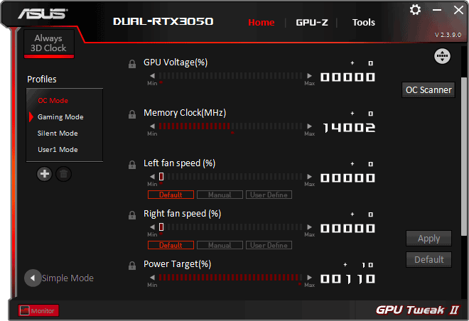 Asus DUAL RTX 3050 O8G; GPU  Tweak advanced mode