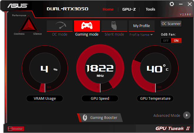 Pro zvětšení klikni Asus DUAL RTX 3050 O8G; GPU Tweak simple mode