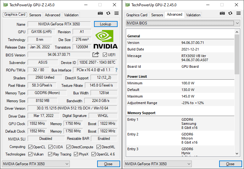 Asus DUAL RTX 3050 O8G GPUZ