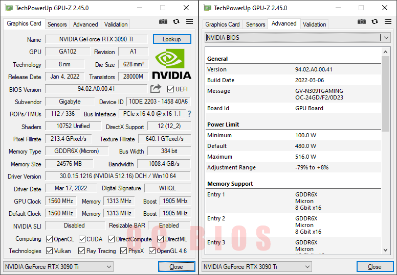 Gigabyte RTX 3090 Ti GAMING OC 24G GPUZ; Performance mode