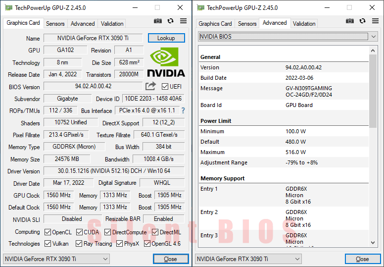 Gigabyte RTX 3090 Ti GAMING OC 24G GPUZ; Quiet mode