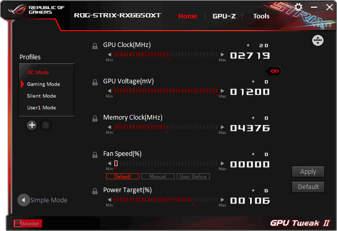 Pro zvětšení klikni Asus STRIX RX 6650 XT O8G Gaming GPU Tweak advanced mode