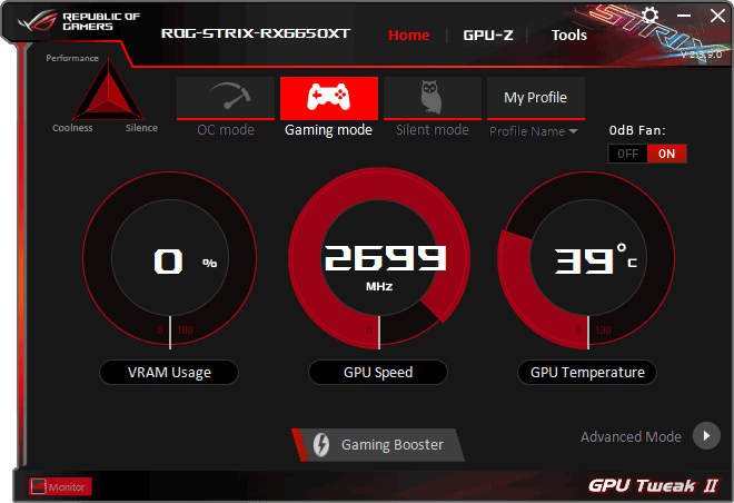 Pro zvětšení klikni Asus STRIX RX 6650 XT O8G Gaming GPU Tweak simple mode