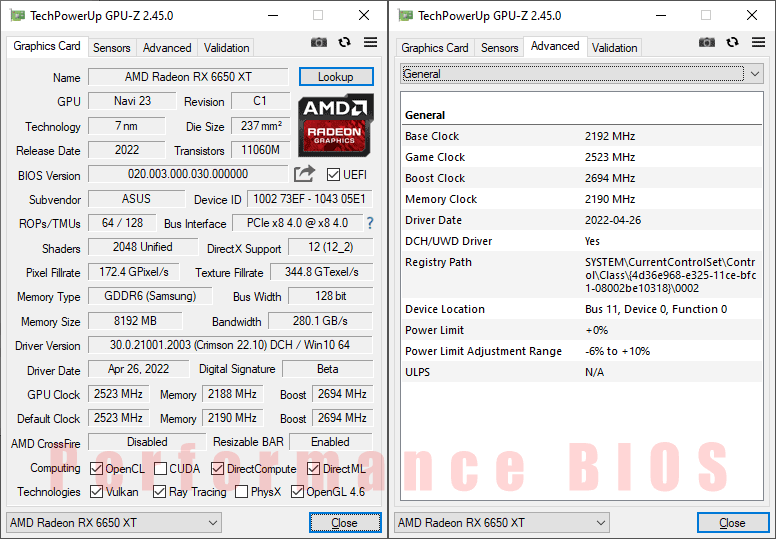 Asus STRIX RX 6650 XT O8G Gaming; OC mode
