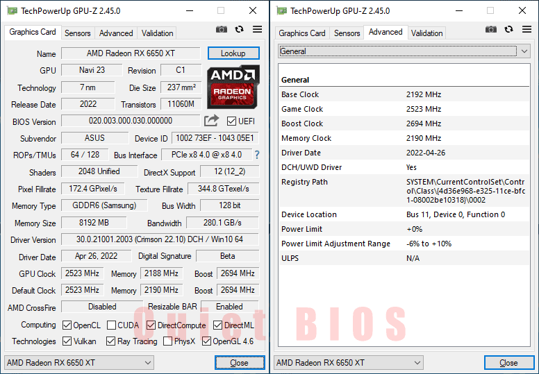 Asus STRIX RX 6650 XT O8G Gaming; Silent mode