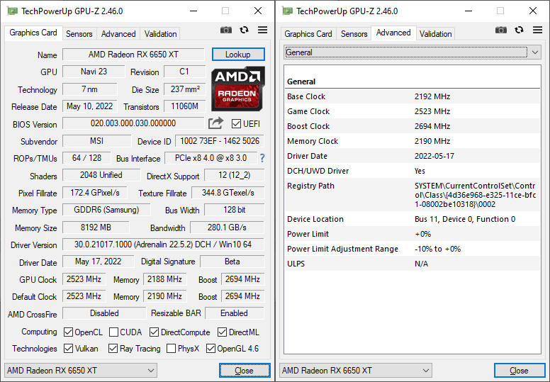 MSI RX 6650 XT GAMING X 8G GPUZ