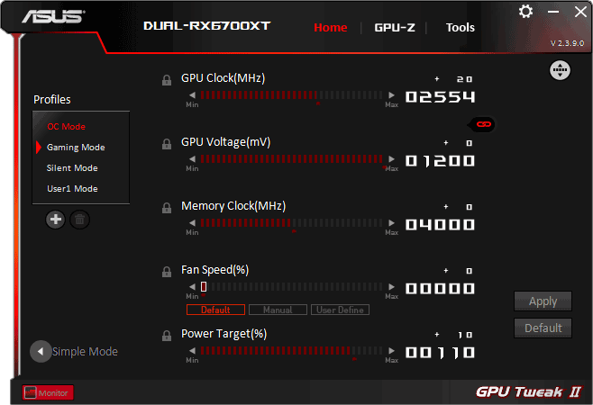 Asus DUAL RX 6700 XT 12G Tweak advanced mode