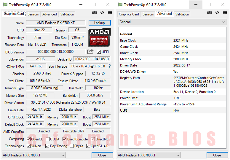 Asus DUAL RX 6700 XT 12G; OC mode