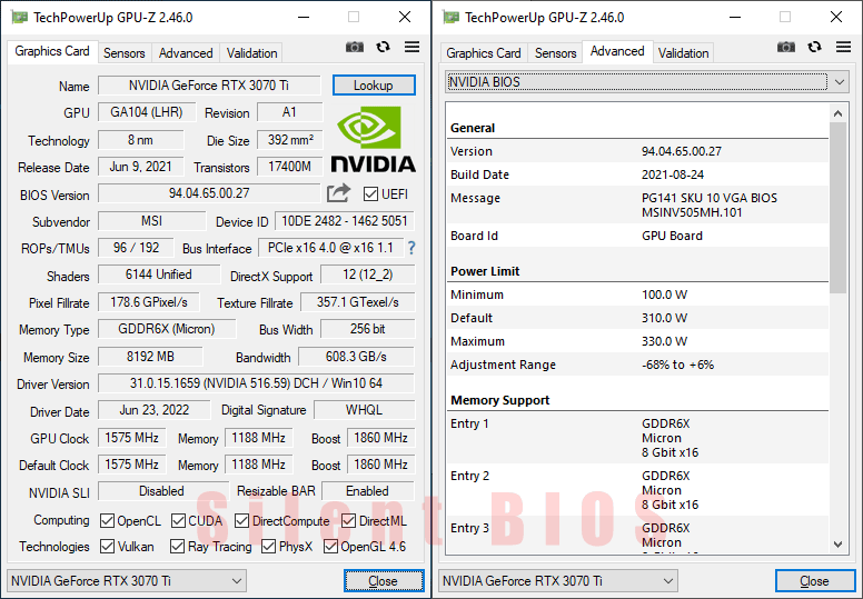 MSI RTX 3070 Ti SUPRIM X 8G GPUZ; Silent mode