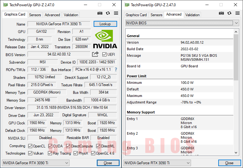 MSI RTX 3090 Ti GAMING X TRIO 24G GPUZ; Gaming mode