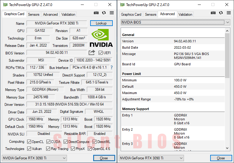 MSI RTX 3090 Ti GAMING X TRIO 24G GPUZ; Silent mode