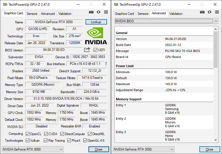 EVGA RTX 3050 XC GAMING 8G GPUZ