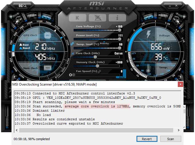 EVGA RTX 3050 XC GAMING 8G  přetaktování Afterburner