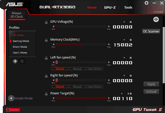 Asus DUAL RTX 3060 O12G V2; GPU  Tweak advanced mode