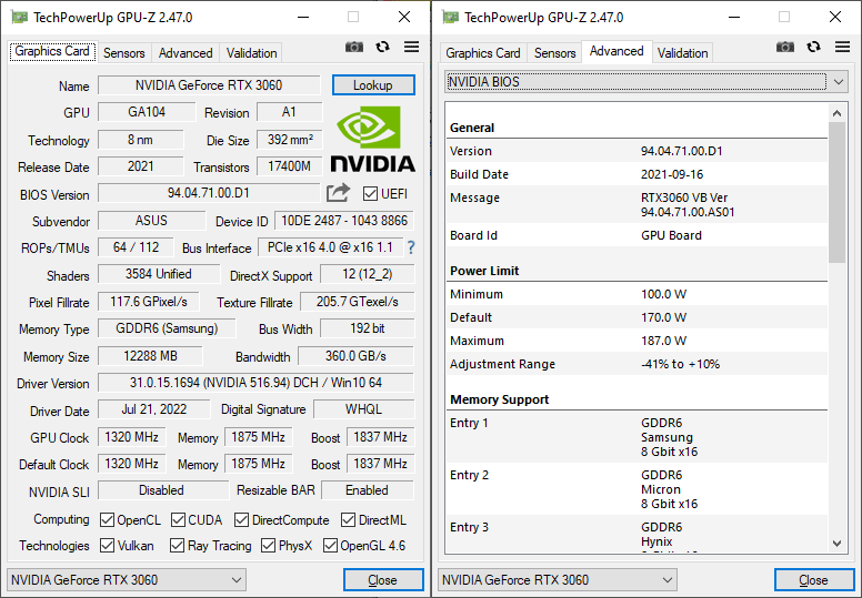 Asus DUAL RTX 3060 O12G V2 GPUZ