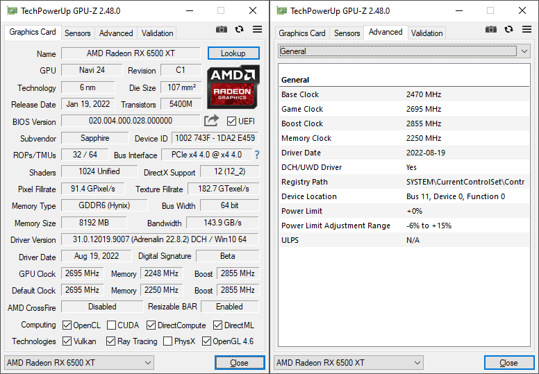 Pro zvětšení klikni Sapphire PULSE RX 6500 XT 8G GPUZ