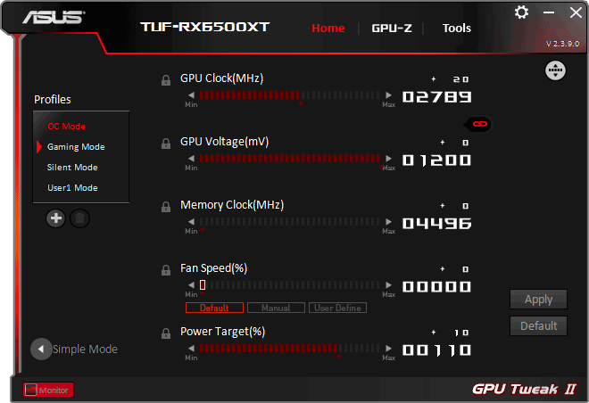 Pro zvětšení klikni Asus TUF RX 6500 XT O4G Gaming GPU Tweak advanced mode