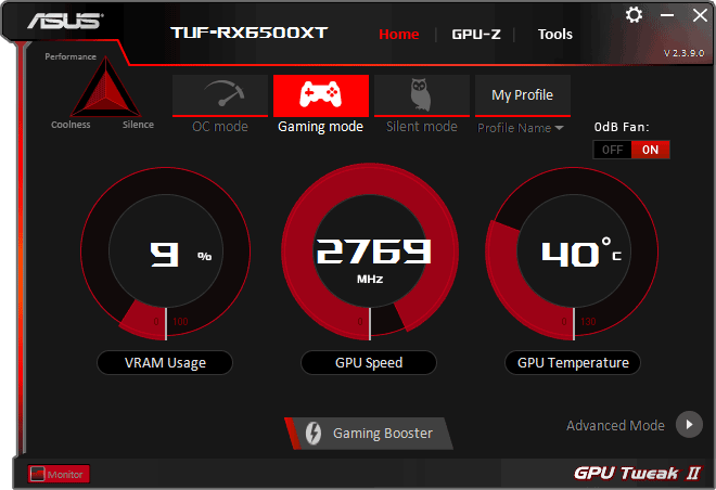 Pro zvětšení klikni Asus TUF RX 6500 XT O4G Gaming GPU Tweak simple mode