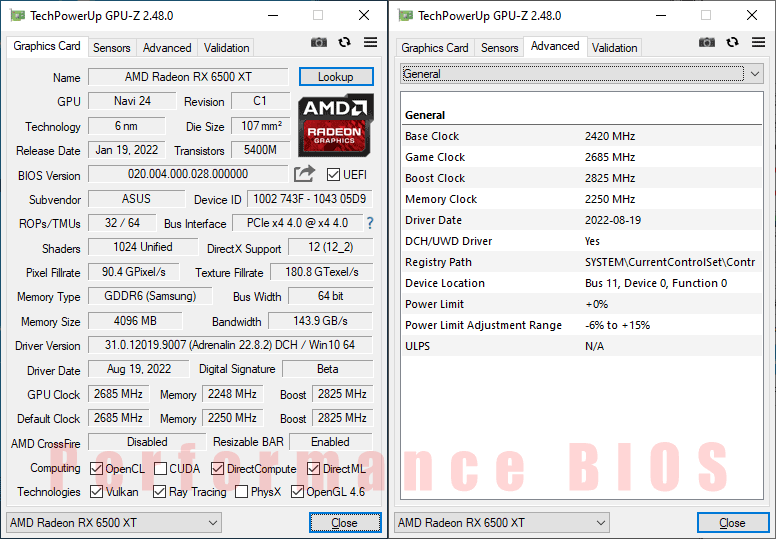 Asus TUF RX 6500 XT O4G Gaming; OC mode