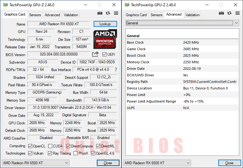 Asus TUF RX 6500 XT O4G Gaming; Silent mode