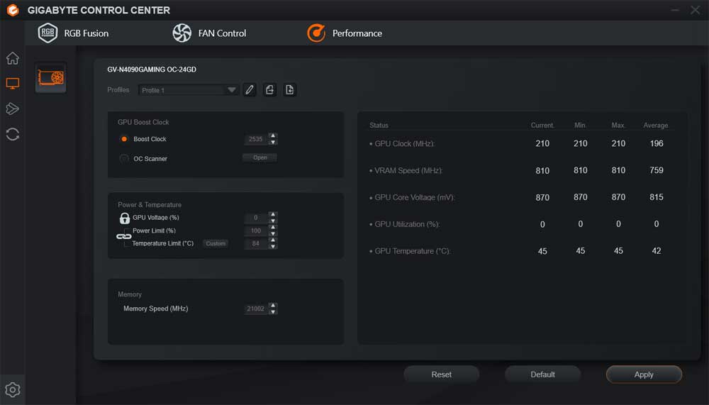 Gigabyte Control Center; Performance