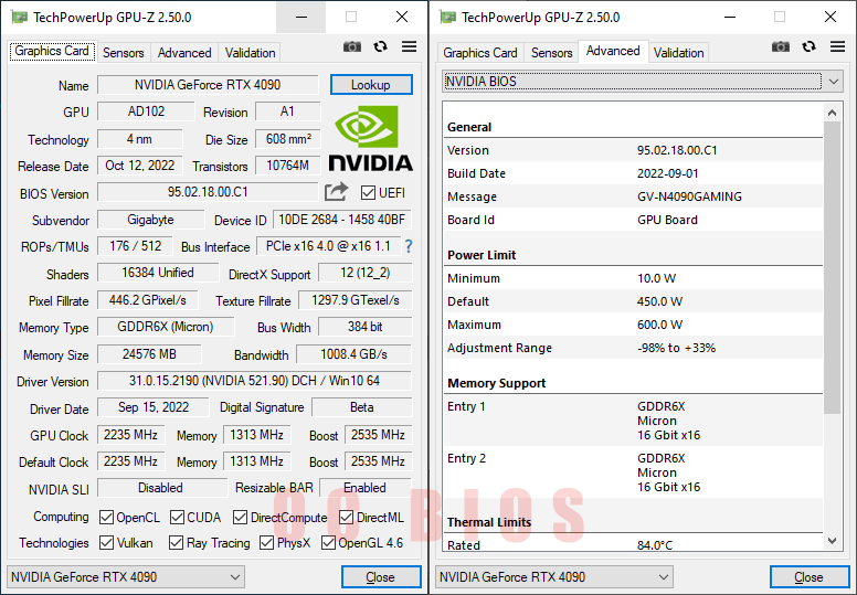 Gigabyte RTX 4090 GAMING OC 24G GPUZ; Performance mode