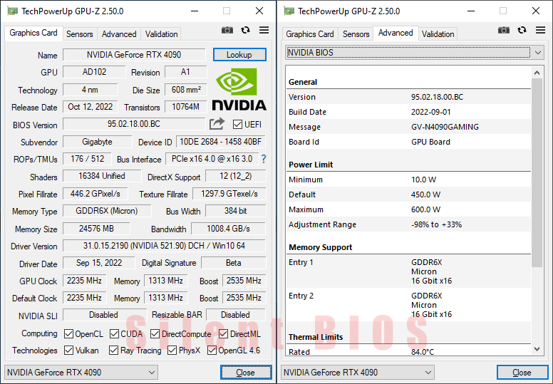 Gigabyte RTX 4090 GAMING OC 24G GPUZ; Quiet mode