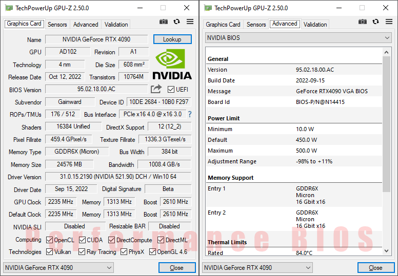 Gainward RTX 4090 PHANTOM GS 24G GPUZ; Performance mode