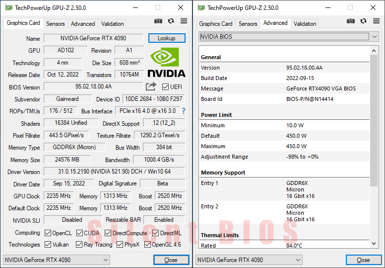 Gainward RTX 4090 PHANTOM GS 24G GPUZ; Silent mode