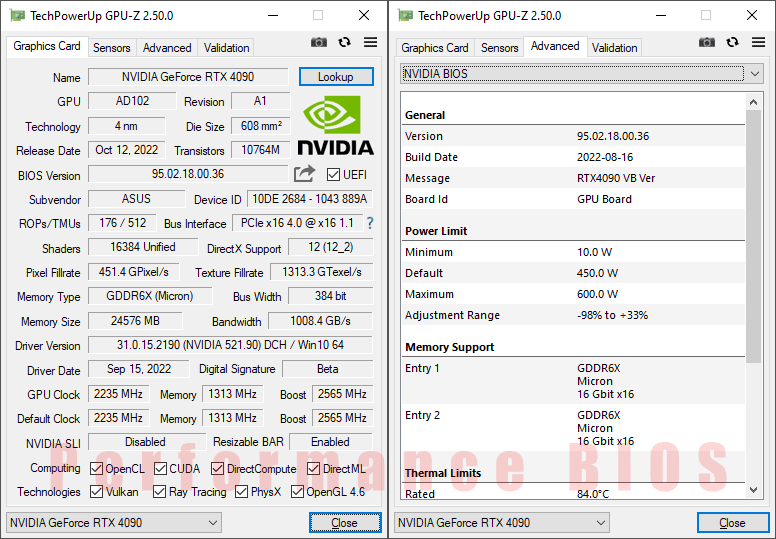 Asus TUF RTX 4090 O24G Gaming GPUZ; Performance mode