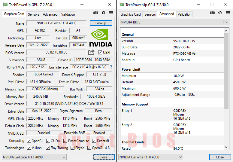 Asus TUF RTX 4090 O24G Gaming GPUZ; Quiet mode