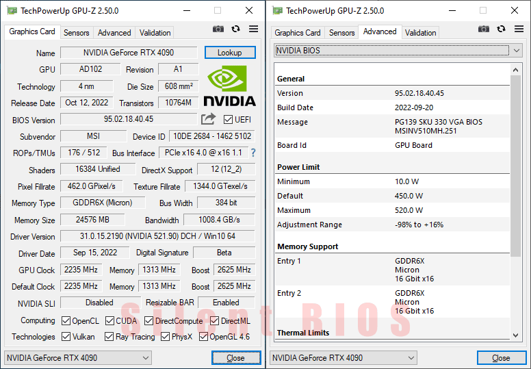 MSI RTX 4090 SUPRIM X 24G GPUZ; Gaming mode