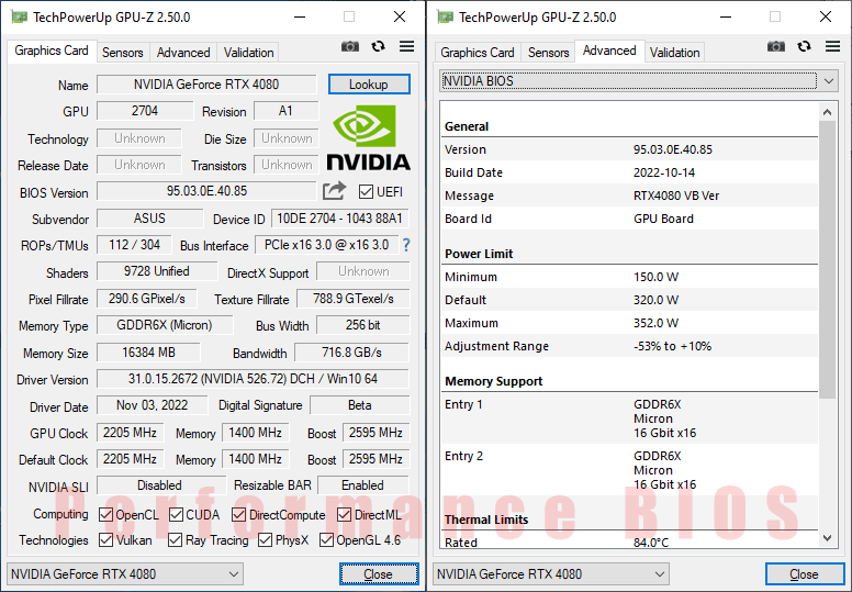 Asus TUF RTX 4080 O16G Gaming GPUZ; Performance mode