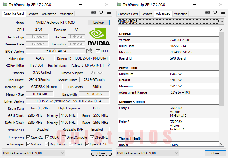 Asus TUF RTX 4080 O16G Gaming GPUZ; Quiet mode