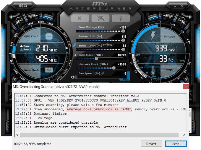 Přetaktování pomocí MSI Afterburner Asus TUF RTX 4080 O16G Gaming přetaktování Afterburner