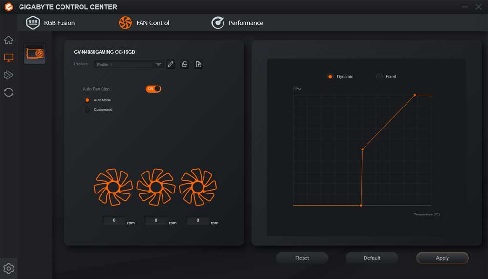 Pro zvětšení klikni Gigabyte Control Center; Fan Control