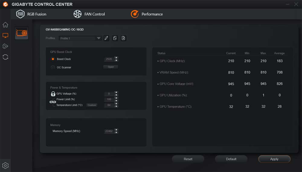 Pro zvětšení klikni Gigabyte Control Center; Performance