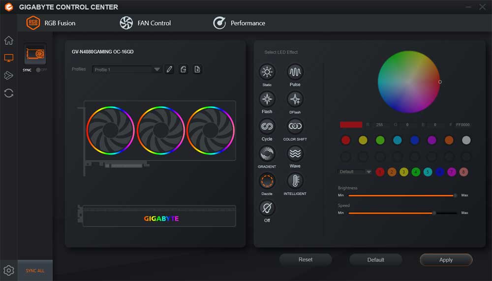 Pro zvětšení klikni Gigabyte Control Center; RGB Fusion