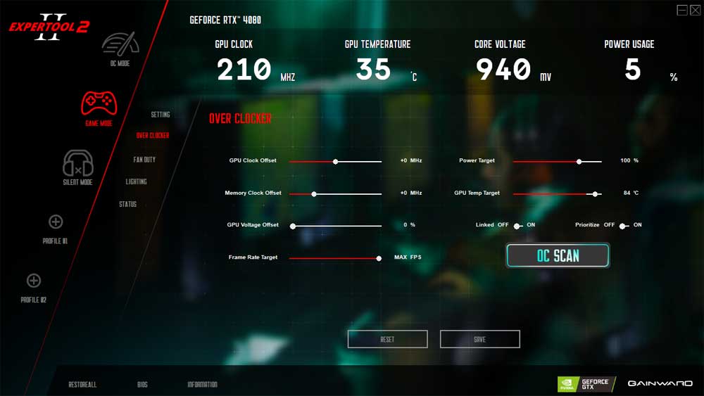 Gainward RTX 4080 PHANTOM GS 16G; ExperTool - OVERCLOCKER