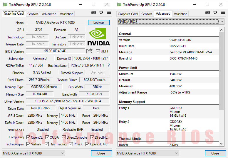 Gainward RTX 4080 PHANTOM GS 16G GPUZ; Performance mode