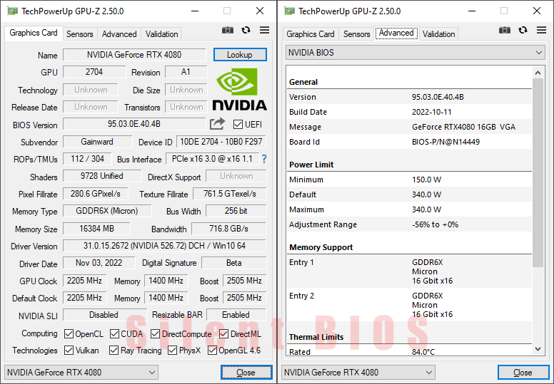 Gainward RTX 4080 PHANTOM GS 16G GPUZ; Silent mode