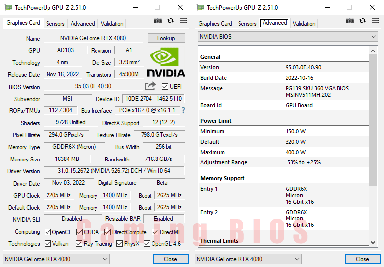 MSI RTX 4080 SUPRIM X 16G GPUZ; Silent mode