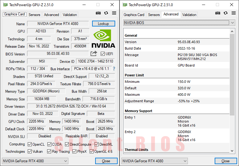 MSI RTX 4080 SUPRIM X 16G GPUZ; Gaming mode